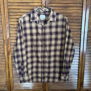 Mutual Weave Men's Flannel Shirt - 2 Pocket Tan/Maroon - Size Medium 100% Cotton